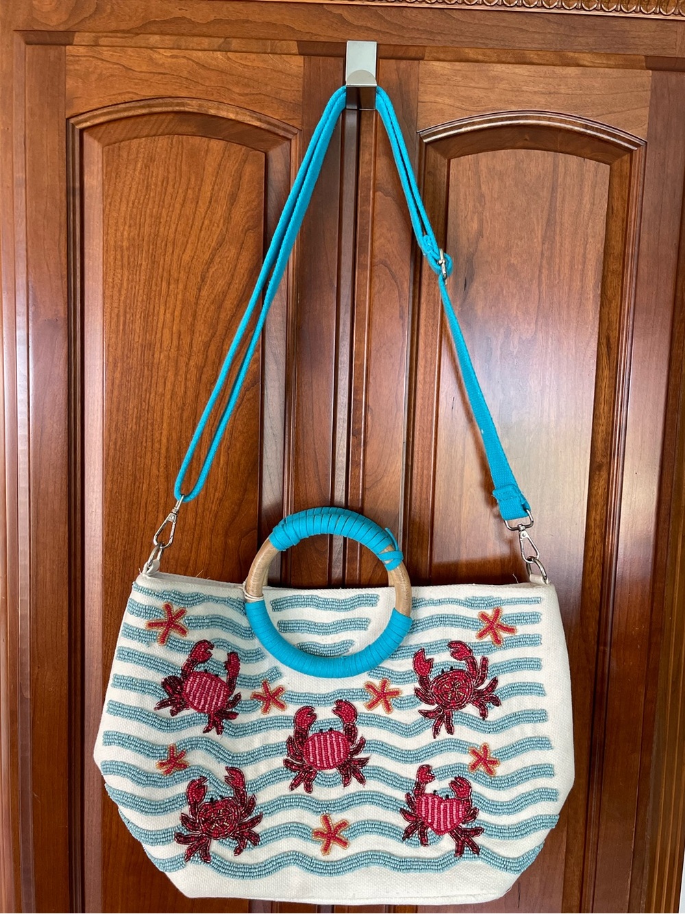 Cream Tote with Turquoise Accents and Red Crab Embroidery